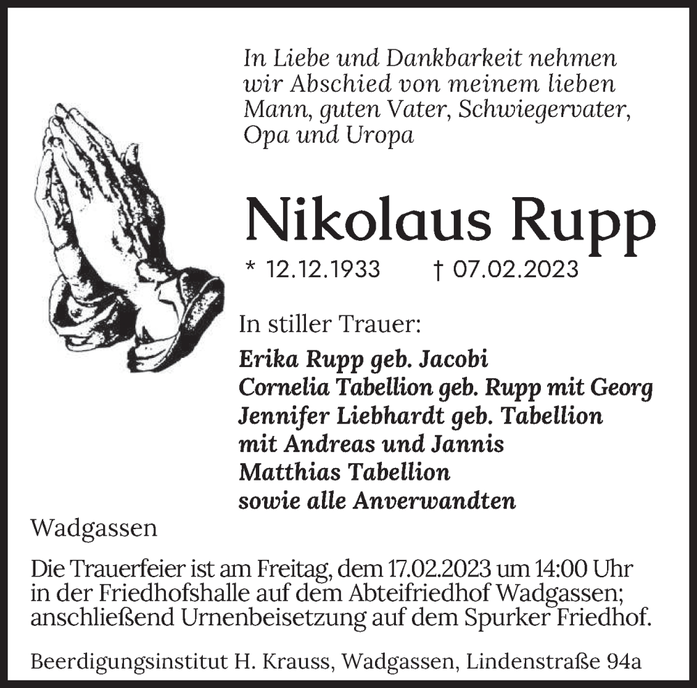  Traueranzeige für Nikolaus Rupp vom 15.02.2023 aus saarbruecker_zeitung
