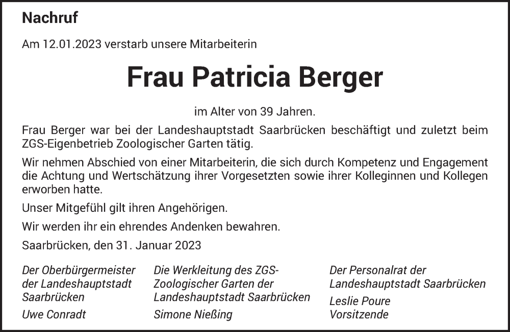  Traueranzeige für Patricia Berger vom 04.02.2023 aus saarbruecker_zeitung