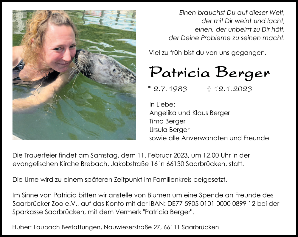  Traueranzeige für Patricia Berger vom 04.02.2023 aus saarbruecker_zeitung