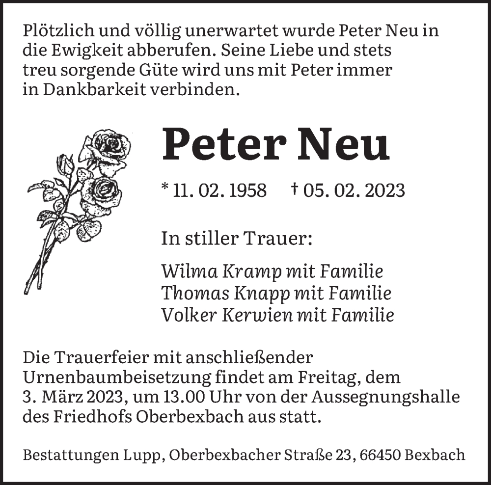  Traueranzeige für Peter Neu vom 25.02.2023 aus saarbruecker_zeitung