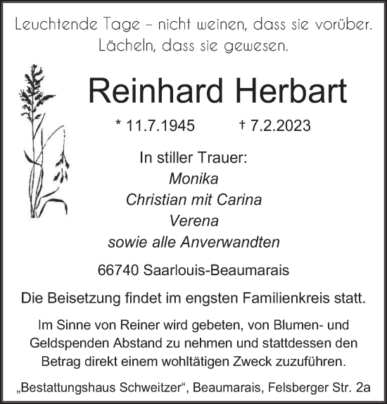 Traueranzeige von Reinhard Herbart von saarbruecker_zeitung