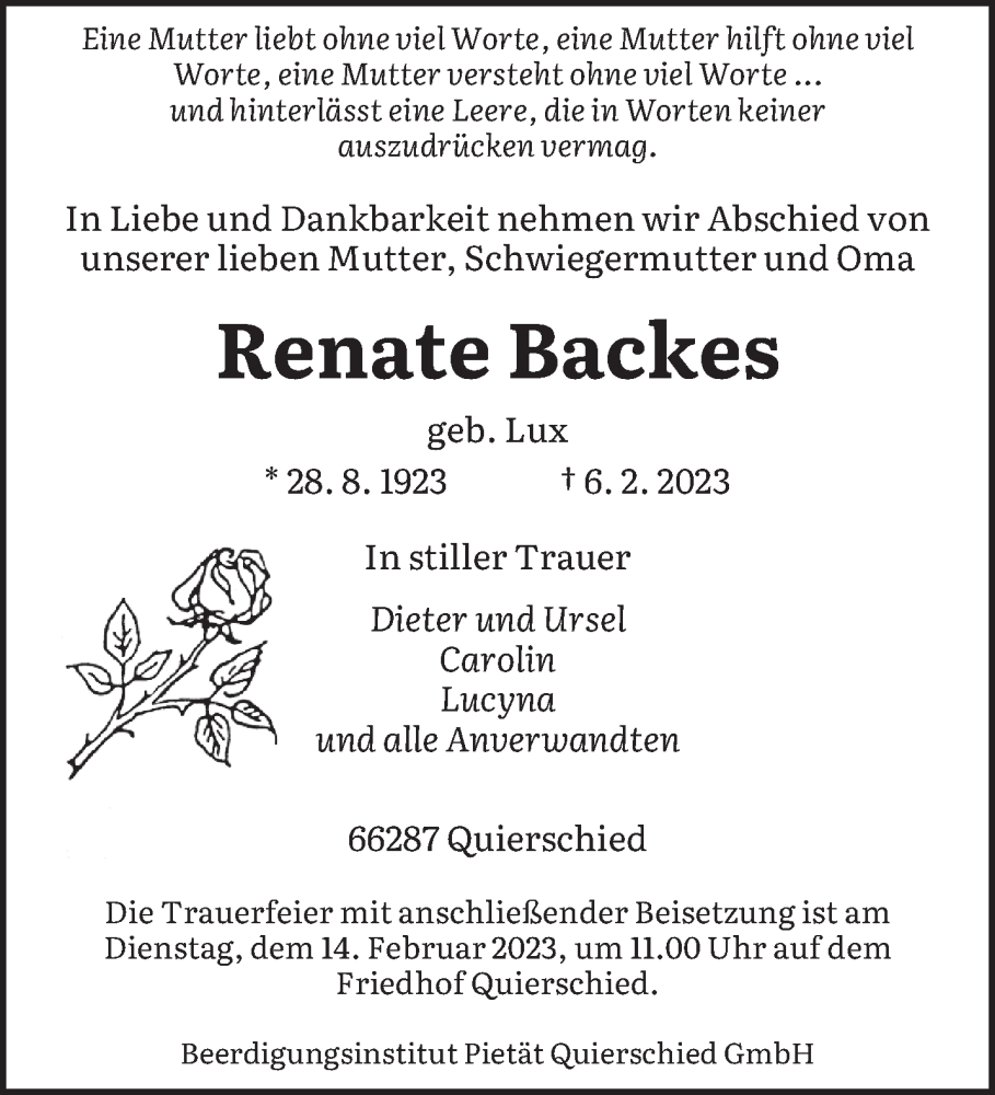  Traueranzeige für Renate Backes vom 11.02.2023 aus saarbruecker_zeitung