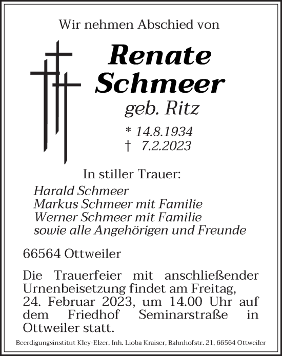 Traueranzeige von Renate Schmeer von saarbruecker_zeitung