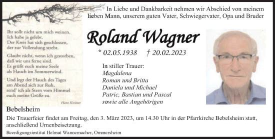 Traueranzeige von Roland Wagner von saarbruecker_zeitung
