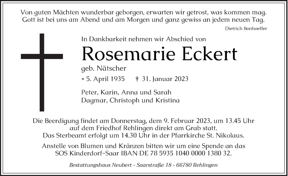  Traueranzeige für Rosemarie Eckert vom 06.02.2023 aus saarbruecker_zeitung