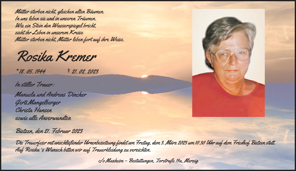  Traueranzeige für Rosika Kremer vom 27.02.2023 aus saarbruecker_zeitung