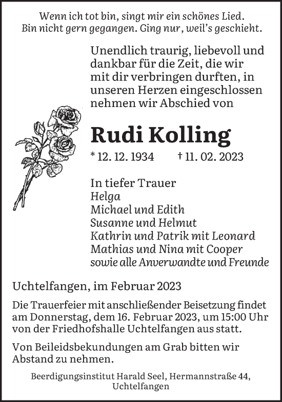 Traueranzeige von Rudi Kolling von saarbruecker_zeitung