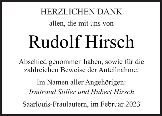 Traueranzeige von Rudolf Hirsch von saarbruecker_zeitung