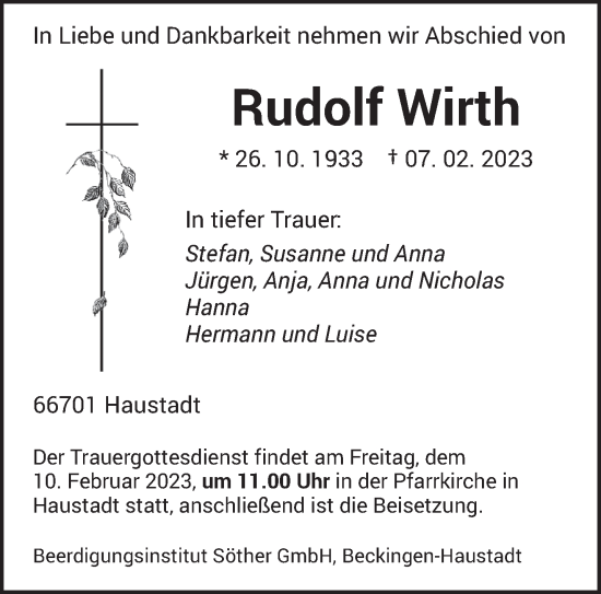 Traueranzeige von Rudolf Wirth von saarbruecker_zeitung