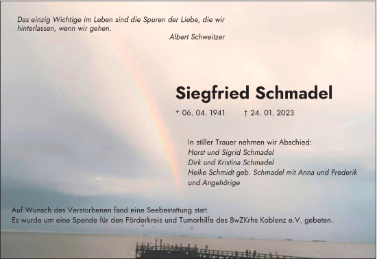 Traueranzeige von Siegfried Schmadel von saarbruecker_zeitung