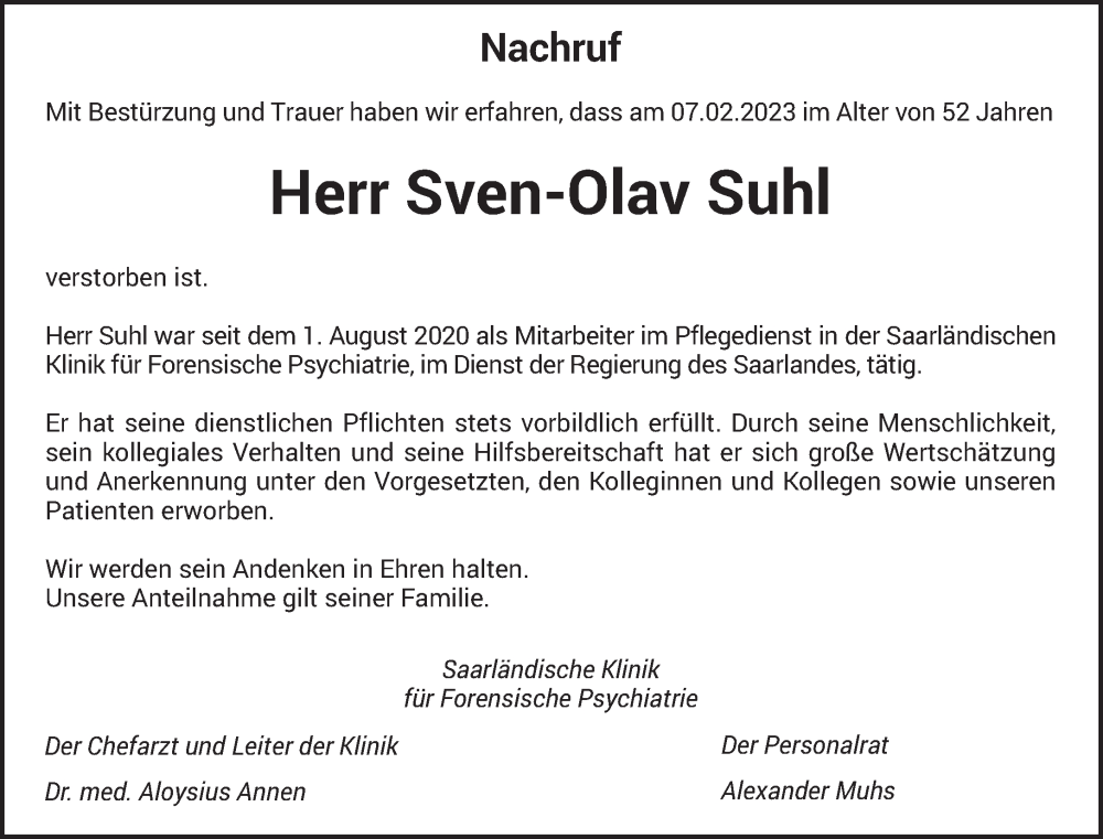  Traueranzeige für Sven-Olav Suhl vom 18.02.2023 aus saarbruecker_zeitung