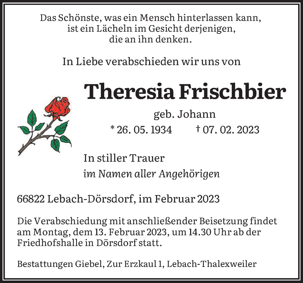  Traueranzeige für Theresia Frischbier vom 11.02.2023 aus saarbruecker_zeitung