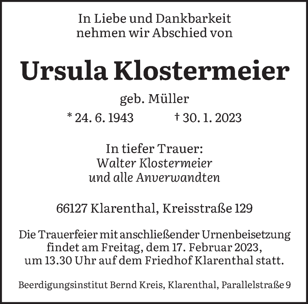  Traueranzeige für Ursula Klostermeier vom 11.02.2023 aus saarbruecker_zeitung