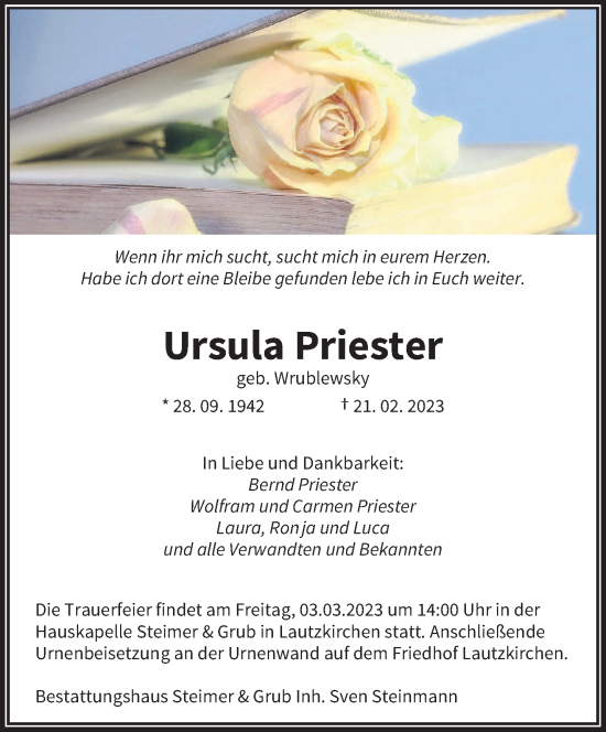 Traueranzeige von Ursula Priester von saarbruecker_zeitung