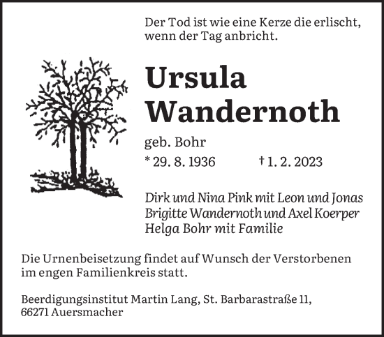 Traueranzeige von Ursula Wandernoth von saarbruecker_zeitung