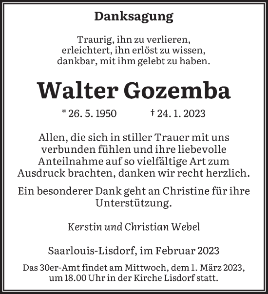 Traueranzeige von Walter Gozemba von saarbruecker_zeitung