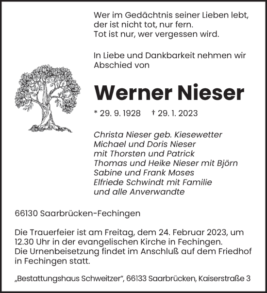 Traueranzeige von Werner Nieser von saarbruecker_zeitung