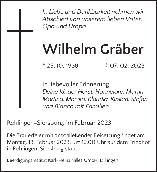 Traueranzeige von Wilhelm Gräber von saarbruecker_zeitung