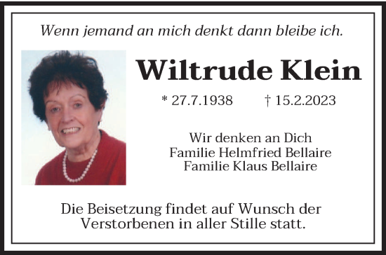 Traueranzeige von Wiltrude Klein von saarbruecker_zeitung
