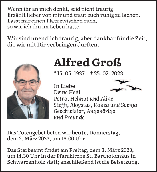 Traueranzeige von Alfred Groß von saarbruecker_zeitung