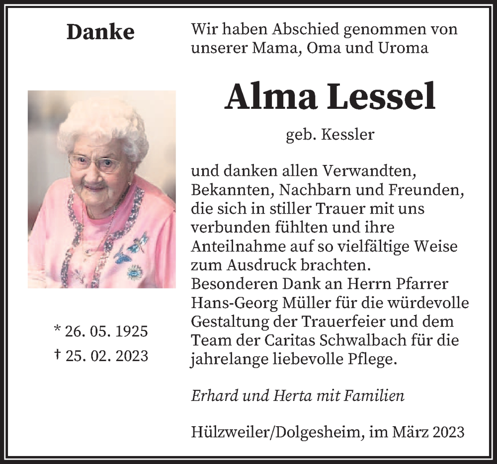  Traueranzeige für Alma Lessel vom 18.03.2023 aus saarbruecker_zeitung