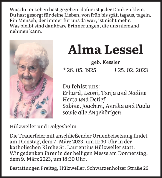 Traueranzeige von Alma Lessel von saarbruecker_zeitung