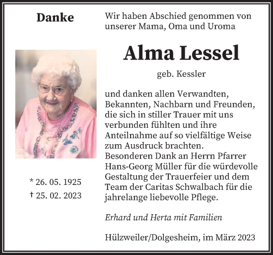 Traueranzeige von Alma Lessel von saarbruecker_zeitung