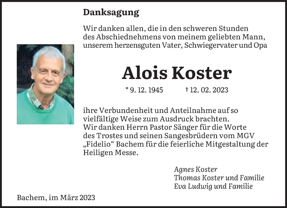  Traueranzeige für Alois Koster vom 15.03.2023 aus saarbruecker_zeitung