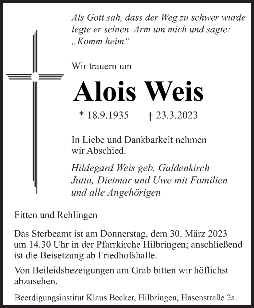  Traueranzeige für Alois Weis vom 27.03.2023 aus saarbruecker_zeitung