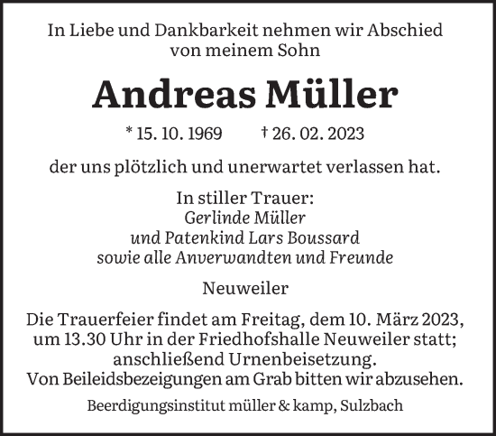 Traueranzeige von Andreas Müller von saarbruecker_zeitung