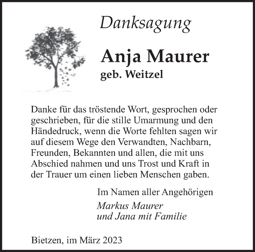  Traueranzeige für Anja Maurer vom 25.03.2023 aus saarbruecker_zeitung