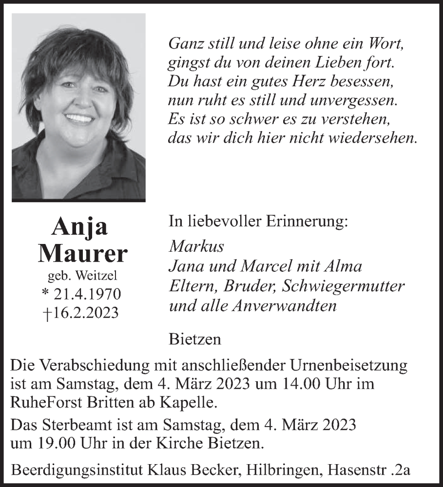  Traueranzeige für Anja Maurer vom 28.02.2023 aus saarbruecker_zeitung
