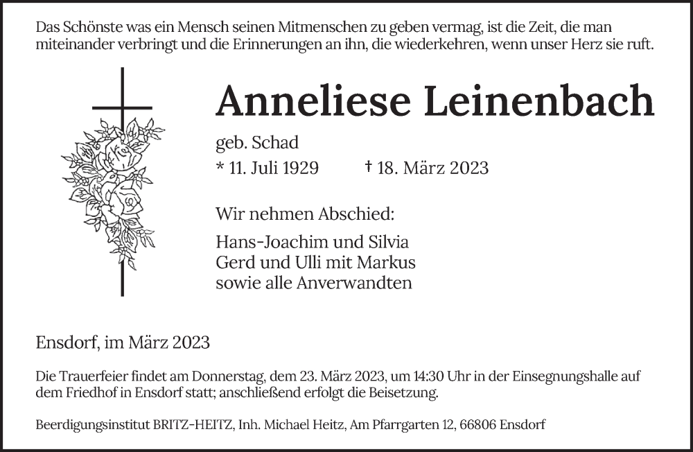  Traueranzeige für Anneliese Leinenbach vom 22.03.2023 aus saarbruecker_zeitung
