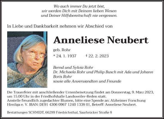 Traueranzeige von Anneliese Neubert von saarbruecker_zeitung