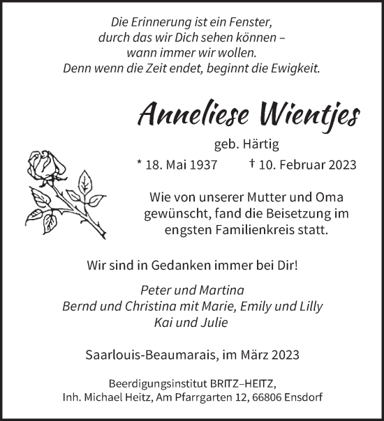 Traueranzeige von Anneliese Wientjes von saarbruecker_zeitung