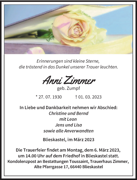 Traueranzeige von Anni Zimmer von saarbruecker_zeitung