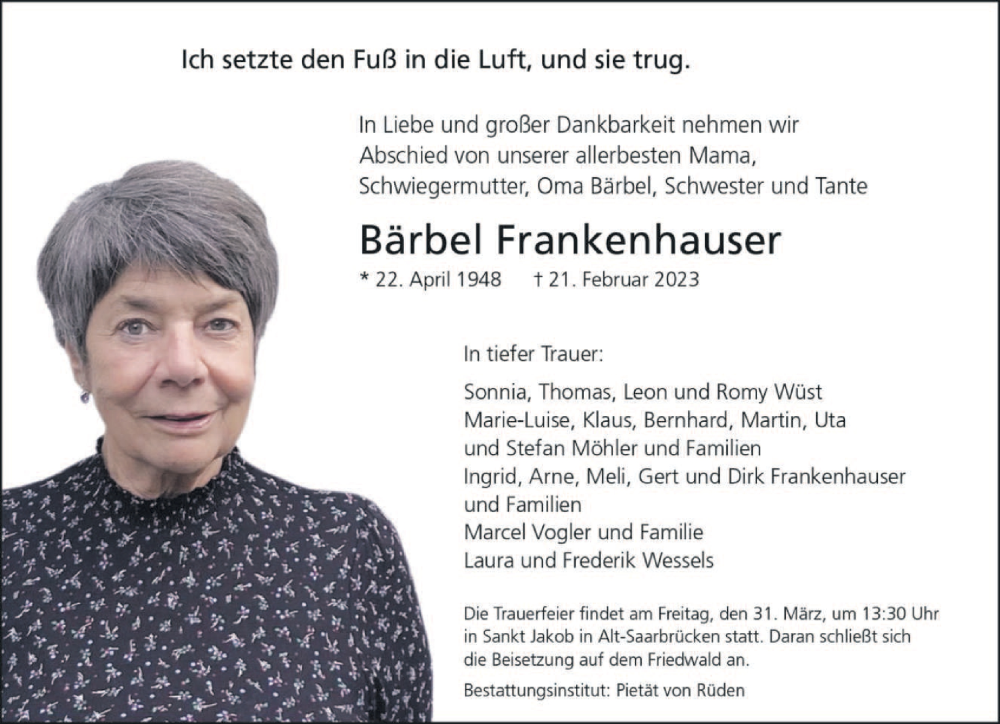  Traueranzeige für Bärbel Frankenhauser vom 04.03.2023 aus saarbruecker_zeitung
