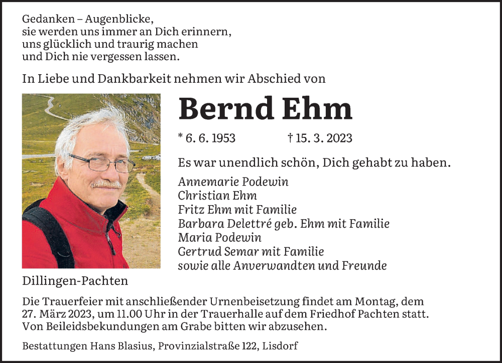  Traueranzeige für Bernd Ehm vom 18.03.2023 aus saarbruecker_zeitung