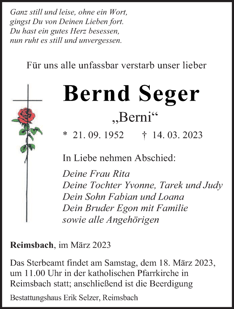  Traueranzeige für Bernd Seger vom 17.03.2023 aus saarbruecker_zeitung