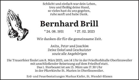 Traueranzeige von Bernhard Brill von saarbruecker_zeitung