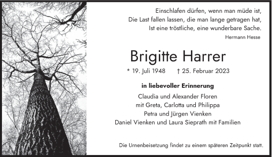 Traueranzeige von Brigitte Harrer von saarbruecker_zeitung