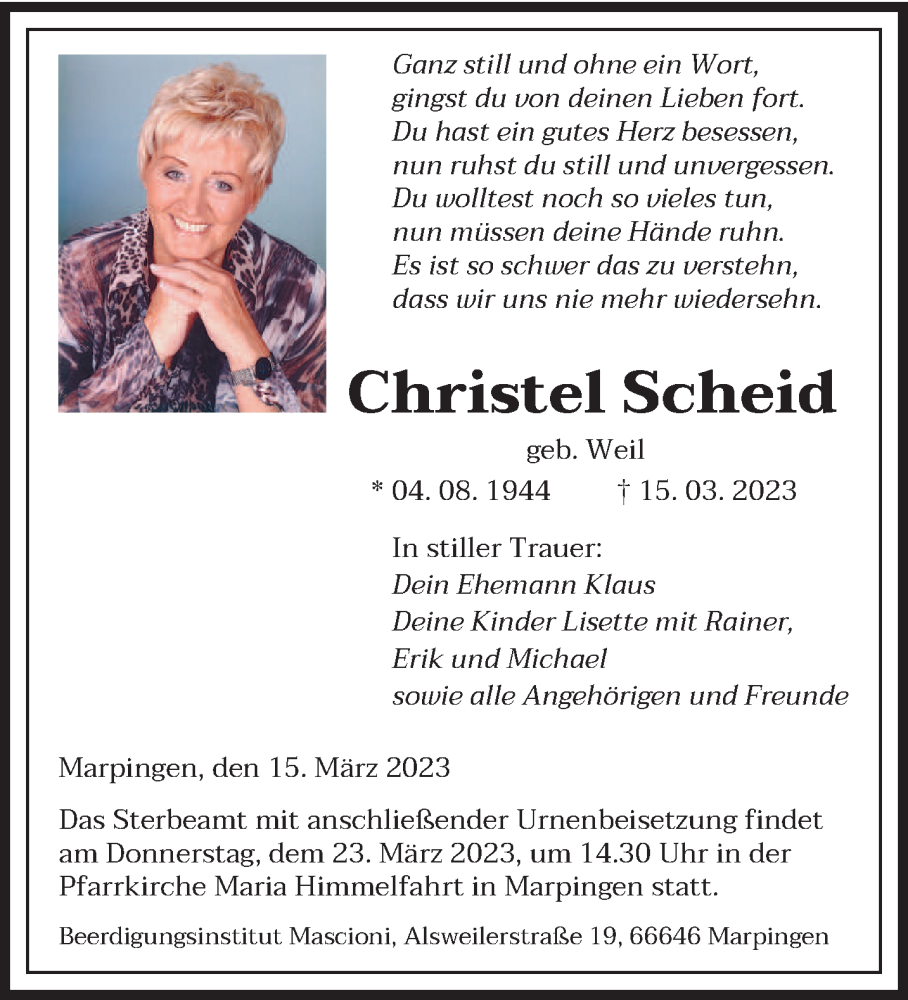  Traueranzeige für Christel Scheid vom 18.03.2023 aus saarbruecker_zeitung