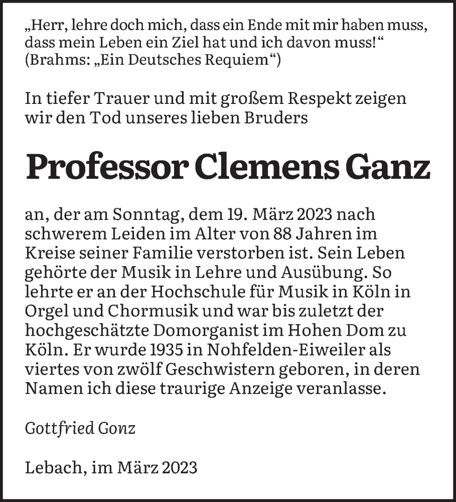  Traueranzeige für Clemens Ganz vom 21.03.2023 aus saarbruecker_zeitung
