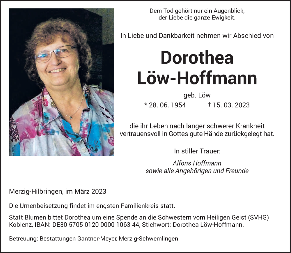  Traueranzeige für Dorothea Löw-Hoffmann vom 29.03.2023 aus saarbruecker_zeitung