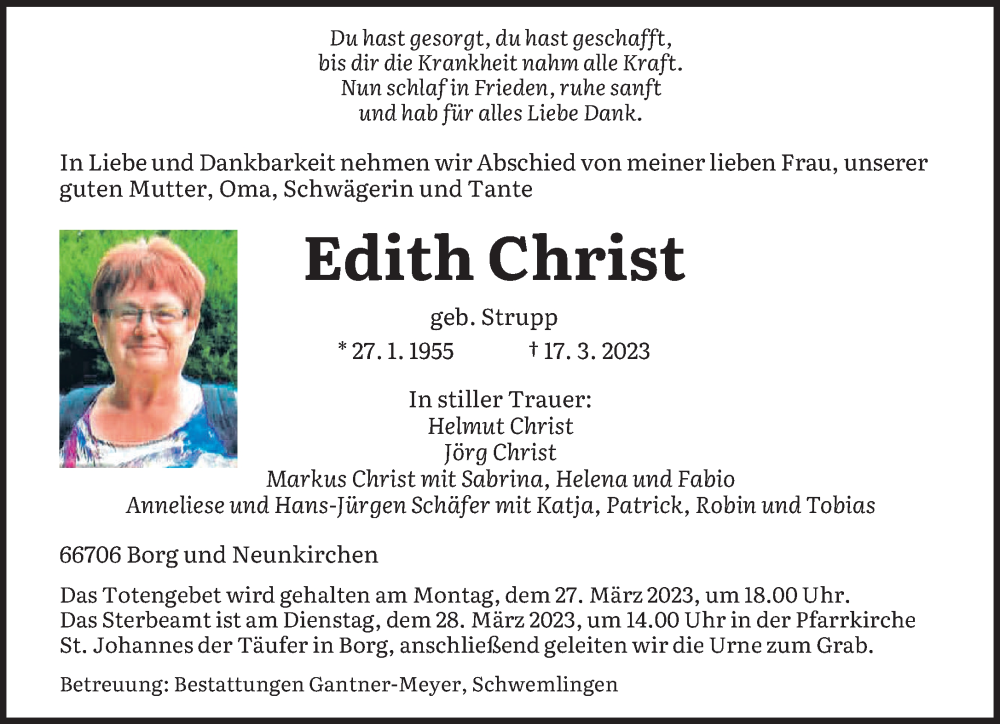  Traueranzeige für Edith Christ vom 21.03.2023 aus saarbruecker_zeitung