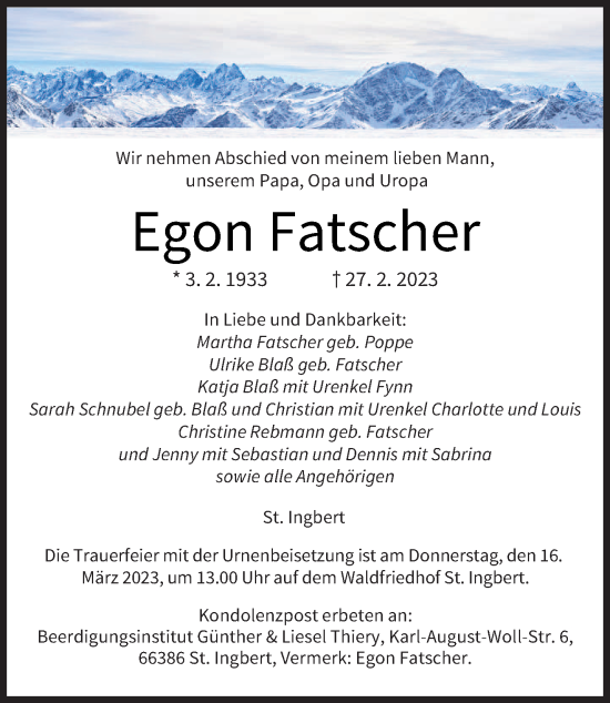 Traueranzeige von Egon Fatscher von saarbruecker_zeitung