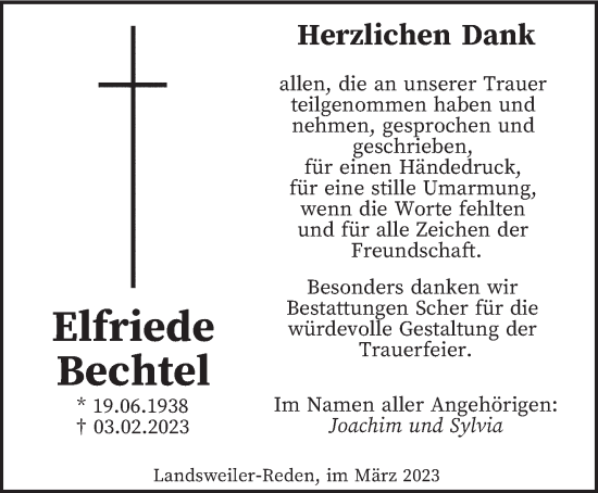 Traueranzeige von Elfriede Bechtel von saarbruecker_zeitung