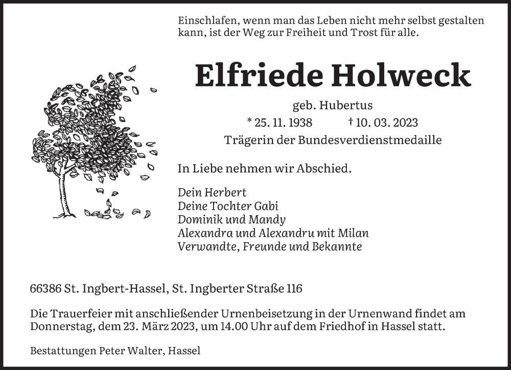  Traueranzeige für Elfriede Holweck vom 21.03.2023 aus saarbruecker_zeitung