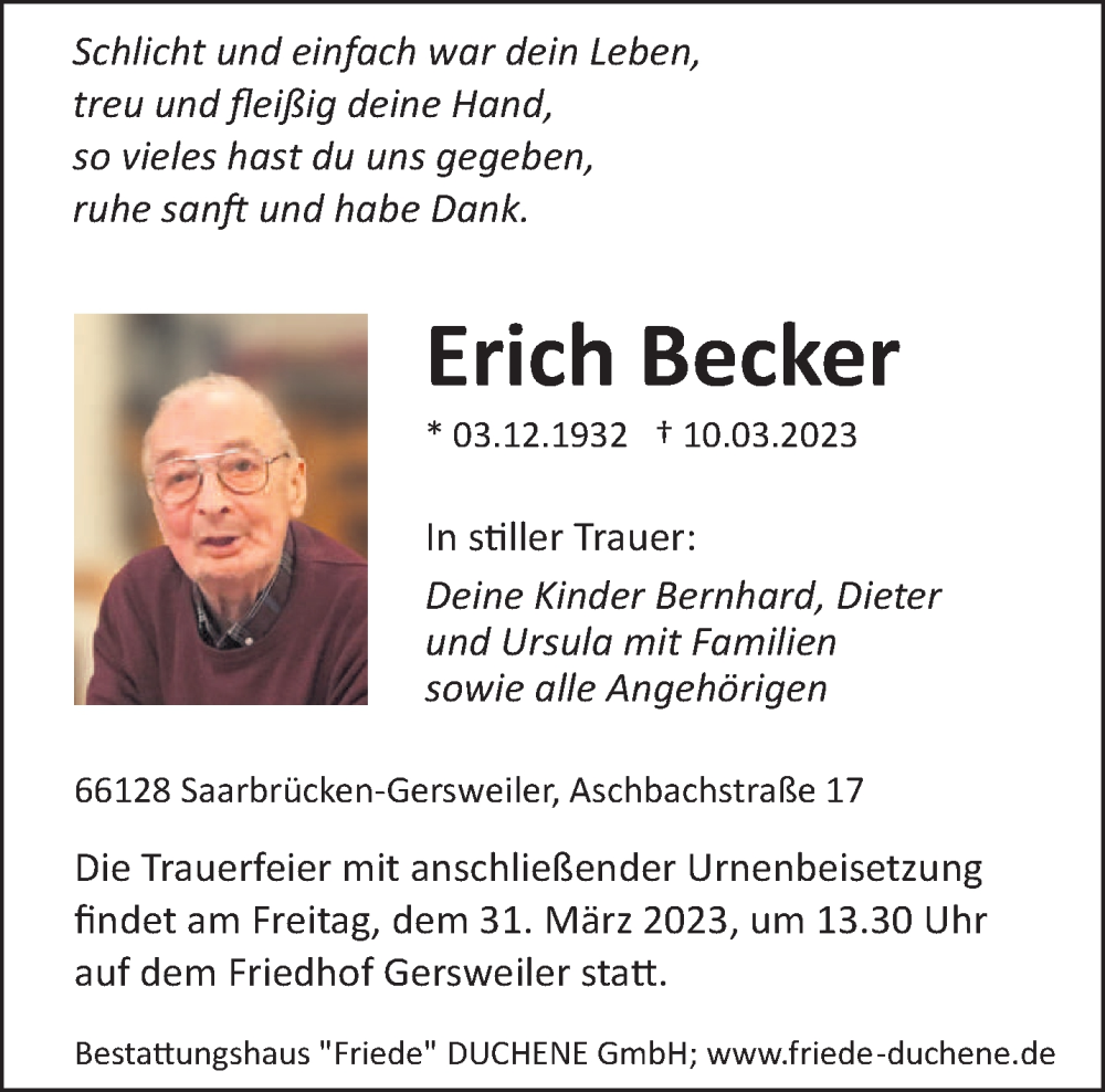  Traueranzeige für Erich Becker vom 18.03.2023 aus saarbruecker_zeitung