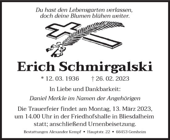 Traueranzeige von Erich Schmirgalski von saarbruecker_zeitung
